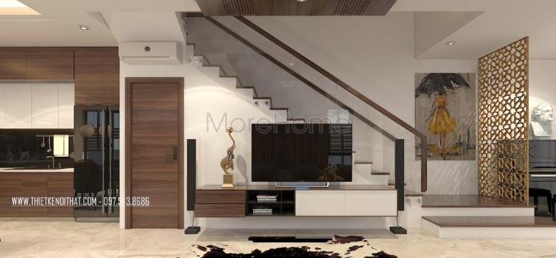 Cầu thang kính cường lực tay vịn gỗ